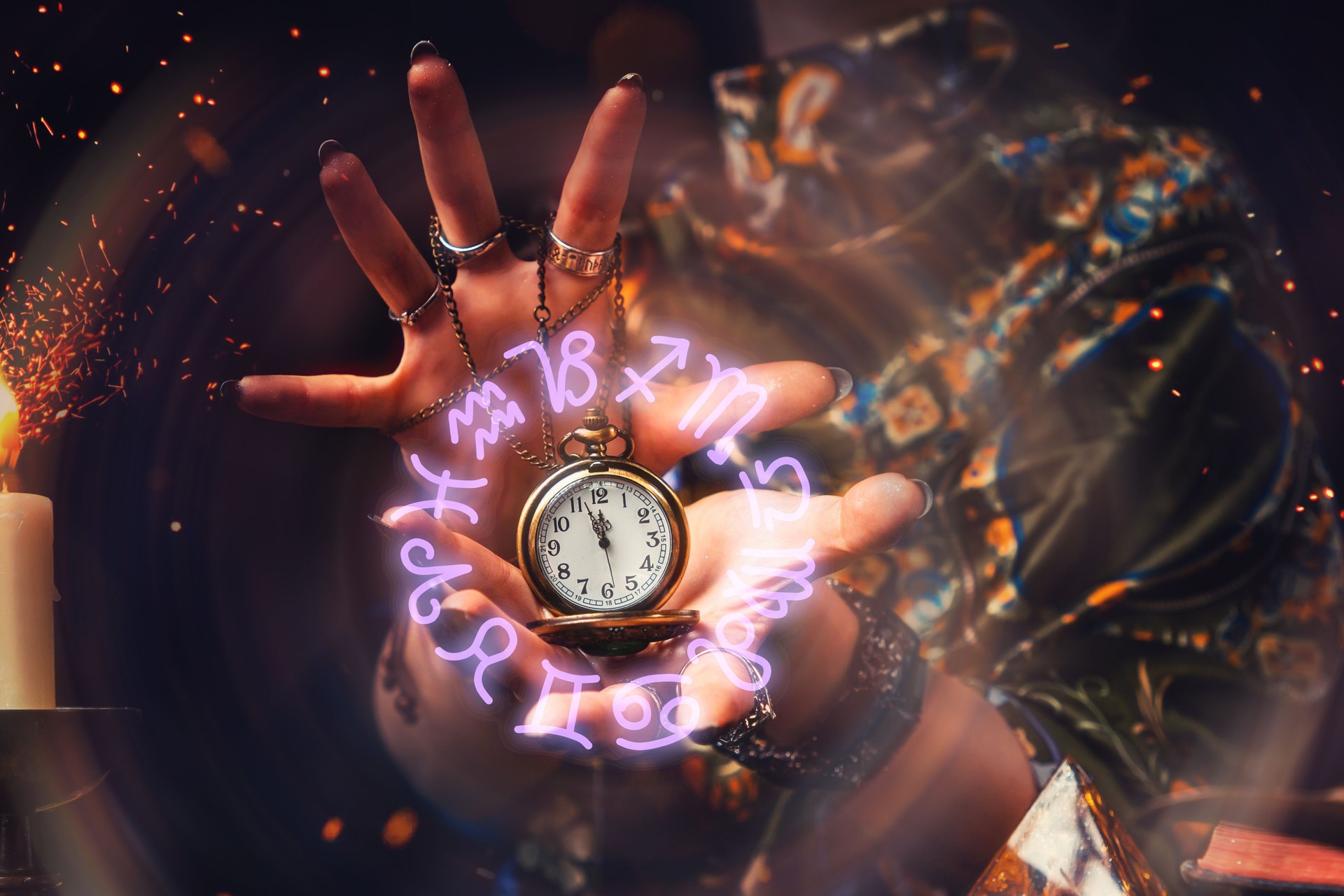 The fortune teller holds a watch on a chain in her hands and conjures over it. A luminous zodiac circle is depicted around the clock. The concept of divination, astrology and predicting the future