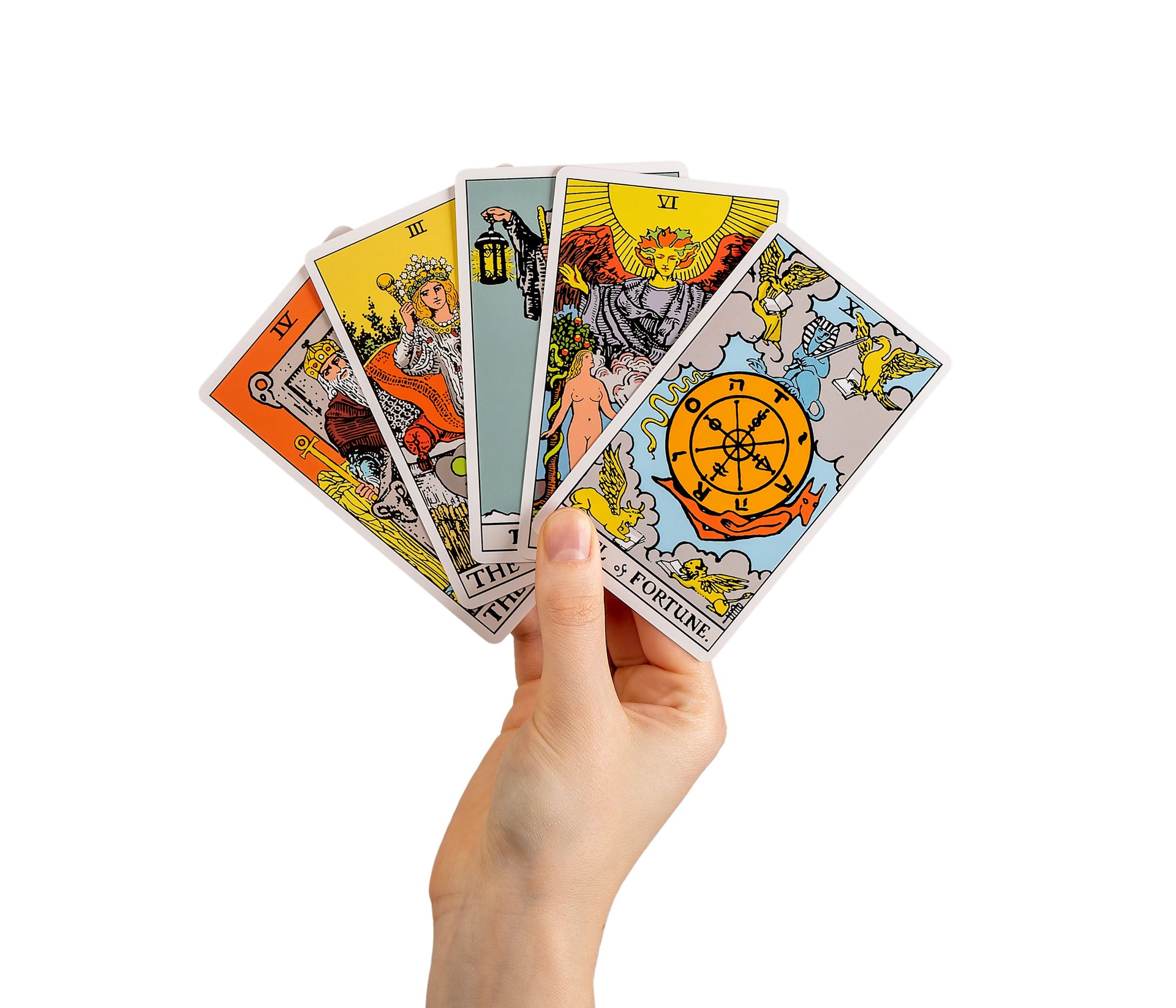 Hand holding tarot cards, major arcana isolated on white background
